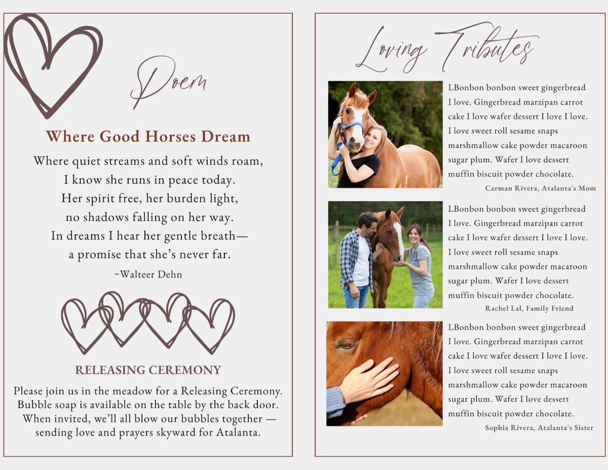 Center spread featuring the memorial poem, participant list, and loving tributes, all decorated with graceful horse-themed artwork.