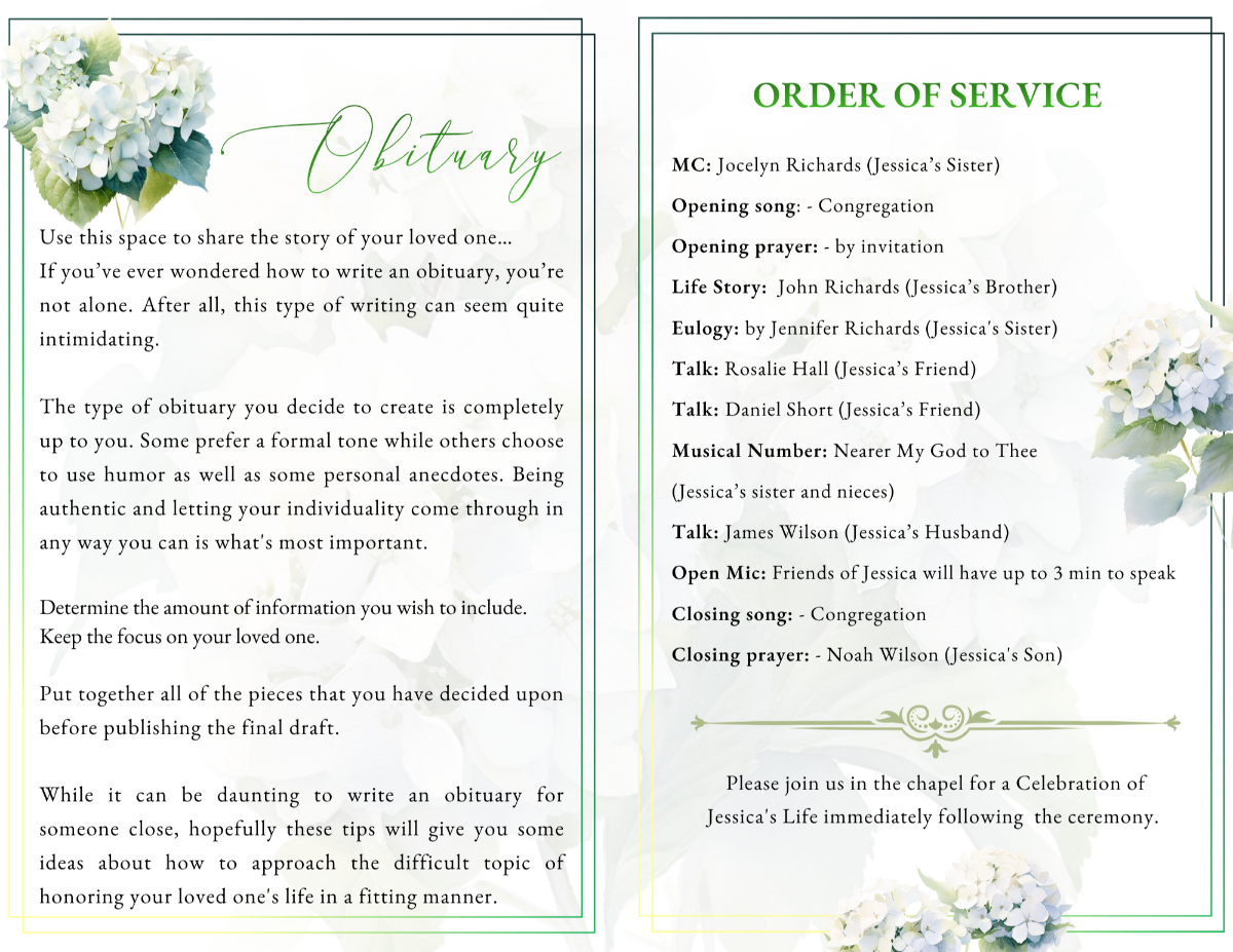 Interior obituary and order of service pages designed with graceful typography, soft floral artwork, and a refined memorial layout honoring a beloved woman’s life and legacy.
