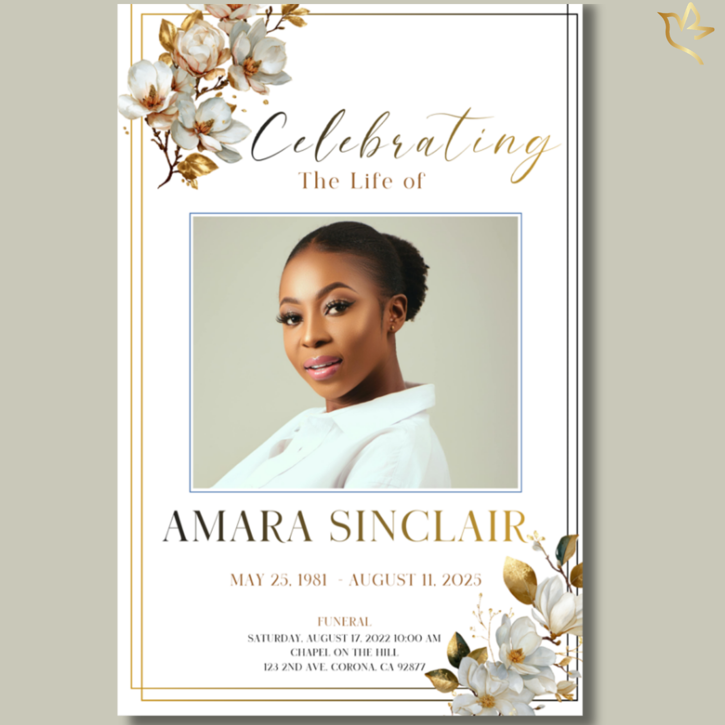 Golden Magnolias funeral program cover featuring soft white magnolia blossoms with rich gold accents framing a centered portrait on a clean ivory background with elegant memorial typography.