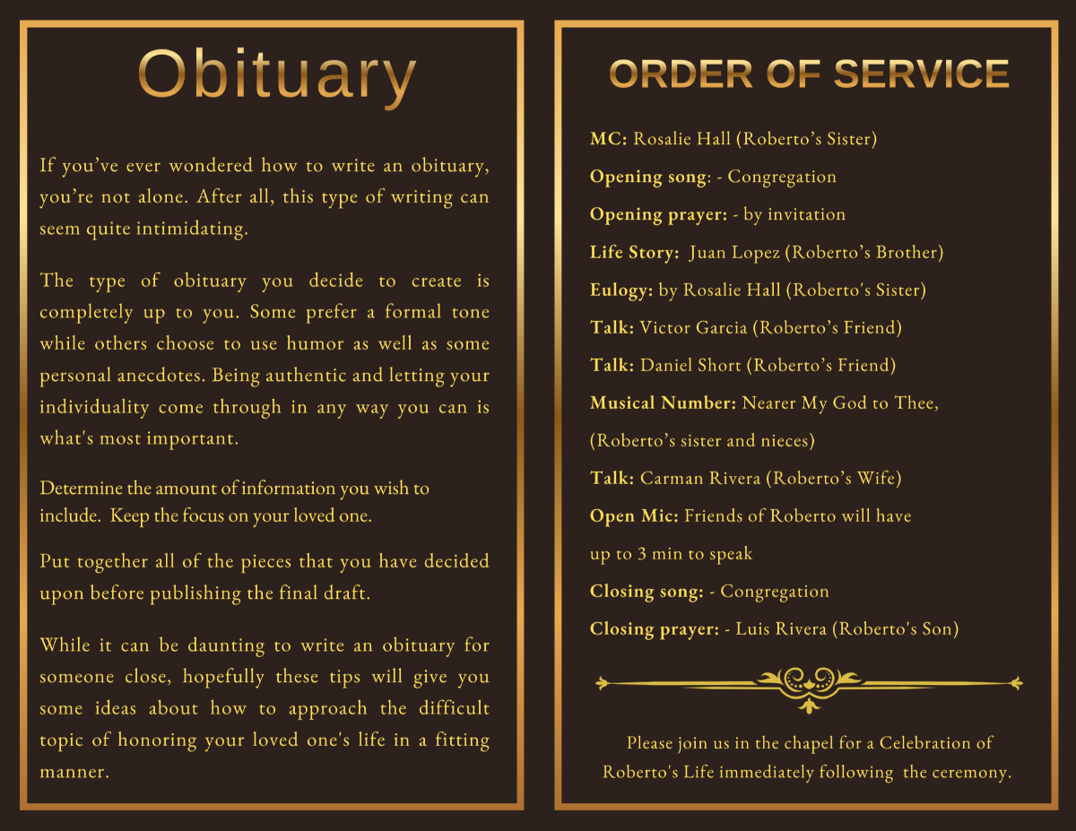 Obituary and order of service pages with organized funeral details, classic gold accents, and a clean, easy-to-read memorial layout.
