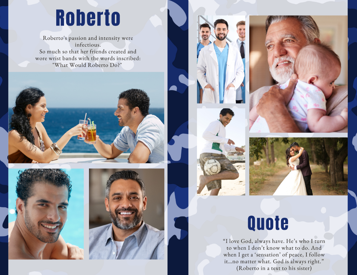 Photo collage pages from the Honored Veteran US Navy memorial template featuring family moments and tribute quote.