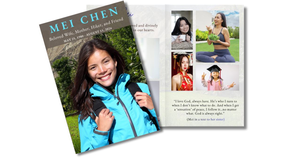 Front cover featuring a nature-inspired hiking scene with a portrait frame, alongside an open interior layout showing coordinated pages for service details and memories.
