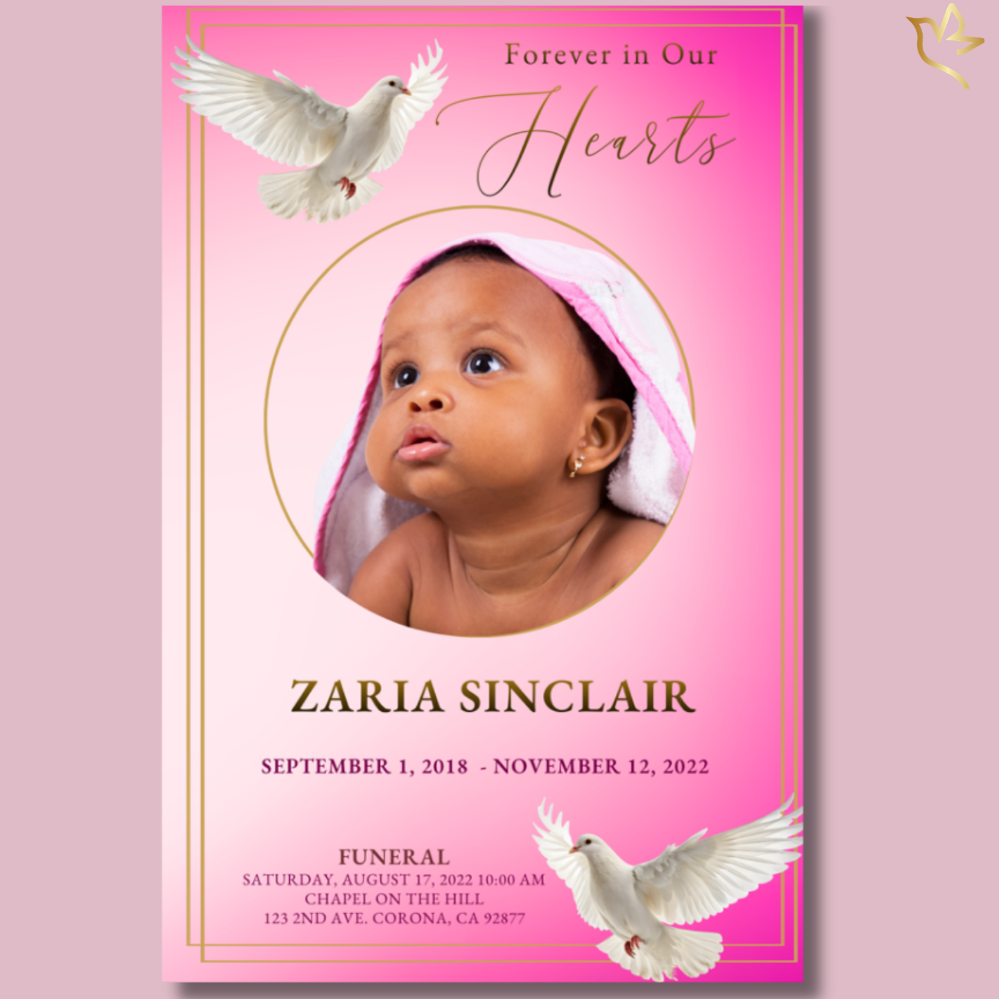 Pink angel-themed child funeral program template featuring a soft lavender gradient background, gold double-line border, and white doves in flight. The front cover displays a baby girl’s portrait framed in a gold circle, with elegant script and serif typography creating a peaceful and heavenly memorial design.