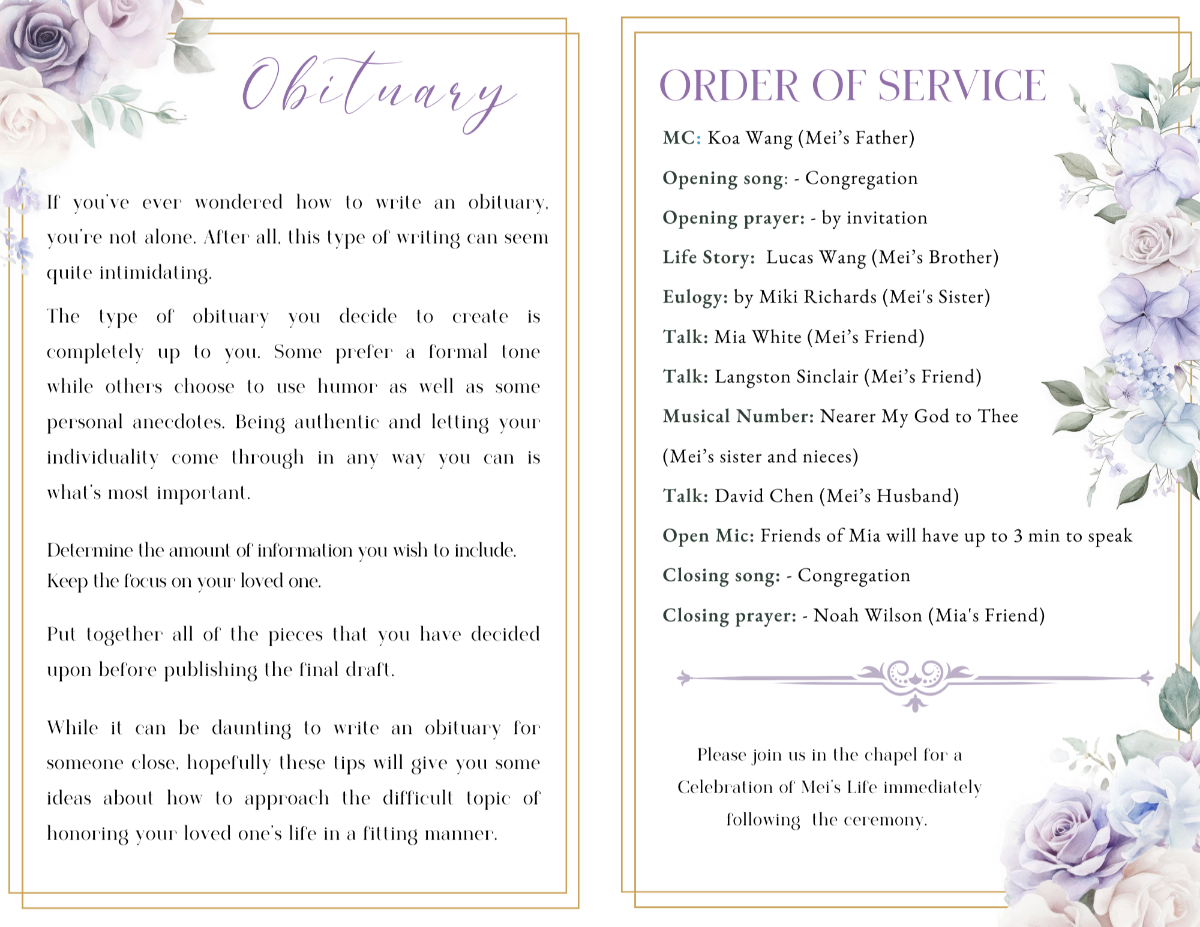 Obituary and Order of Service pages featuring elegant purple headings and soft lavender watercolor florals framing memorial text sections.