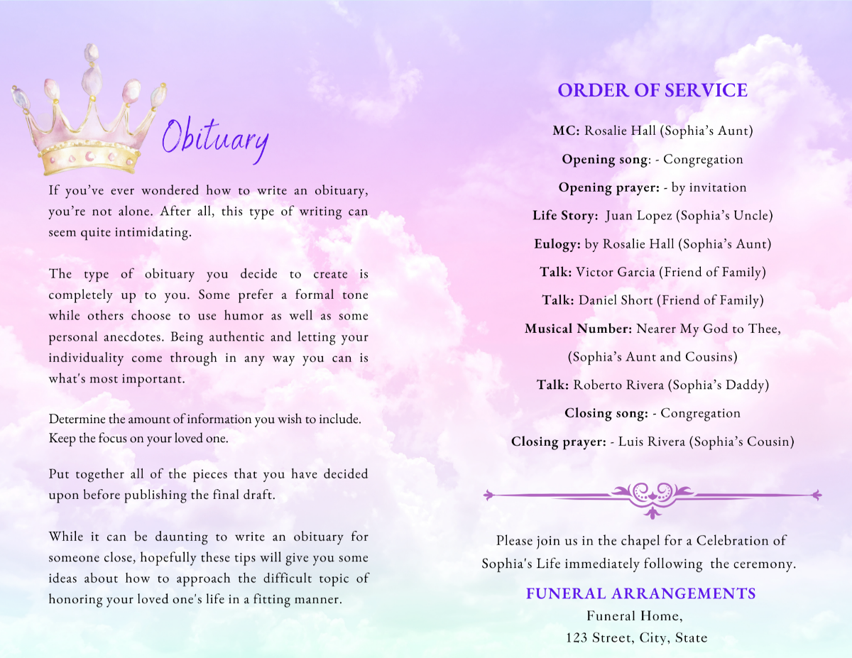 Interior pages showing obituary text and order of service layout framed in soft pastel hues with a subtle castle motif.