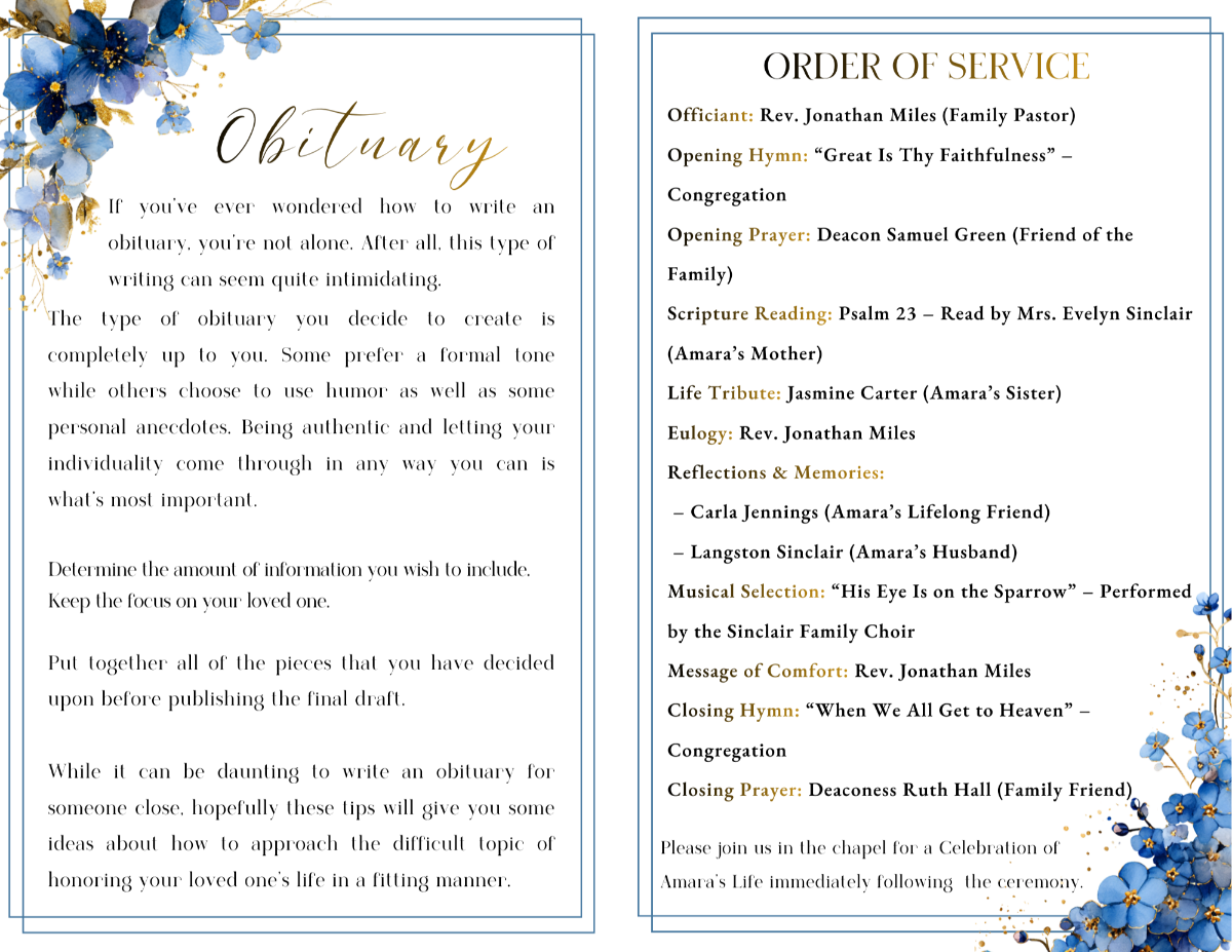 Obituary and order of service pages featuring structured sections, elegant script headings, and rich blue floral corner accents for honoring her life with dignity and faith.
