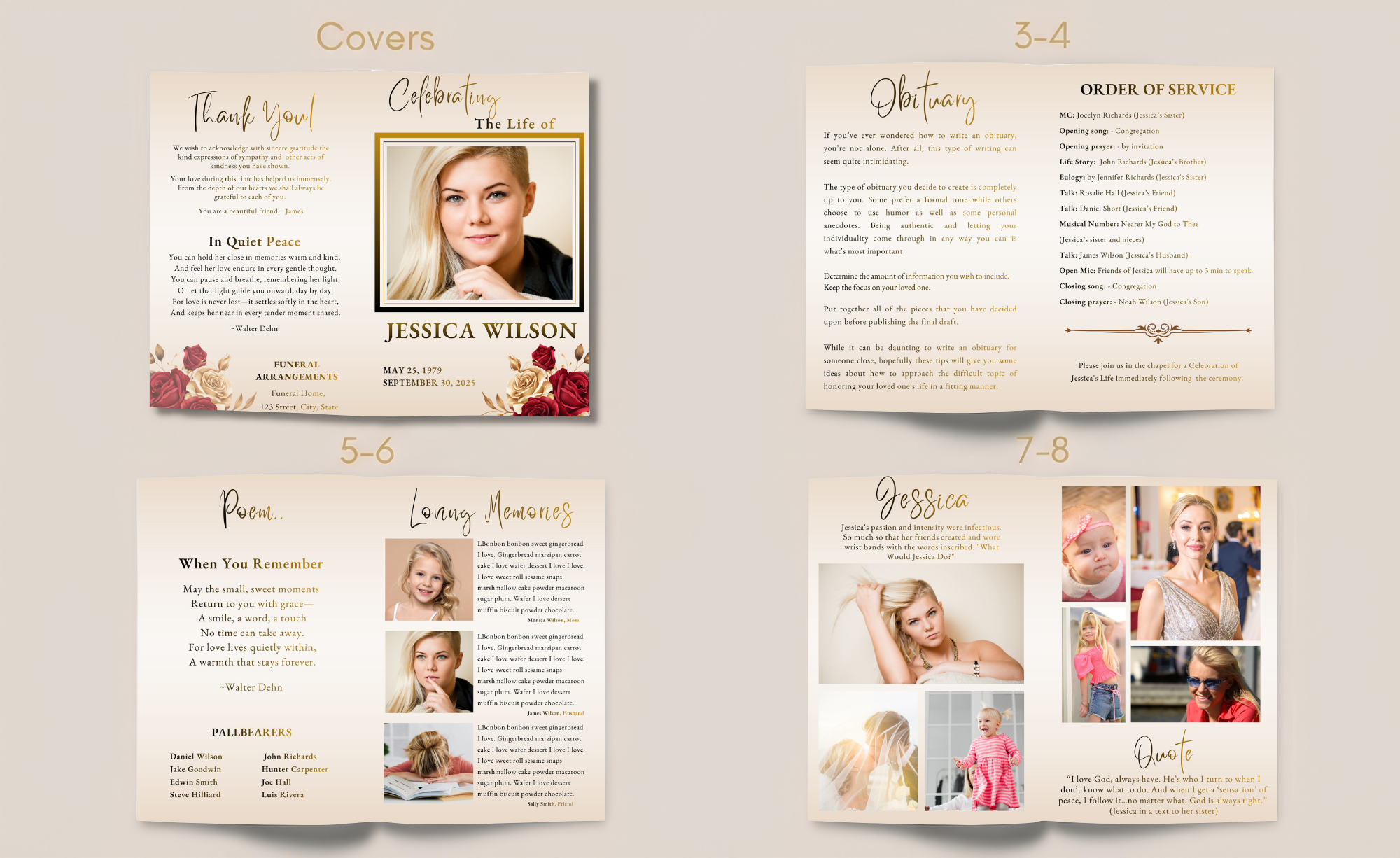Eight-page funeral program template showing coordinated cover, obituary, order of service, poem, memories, photo gallery, and tribute pages.