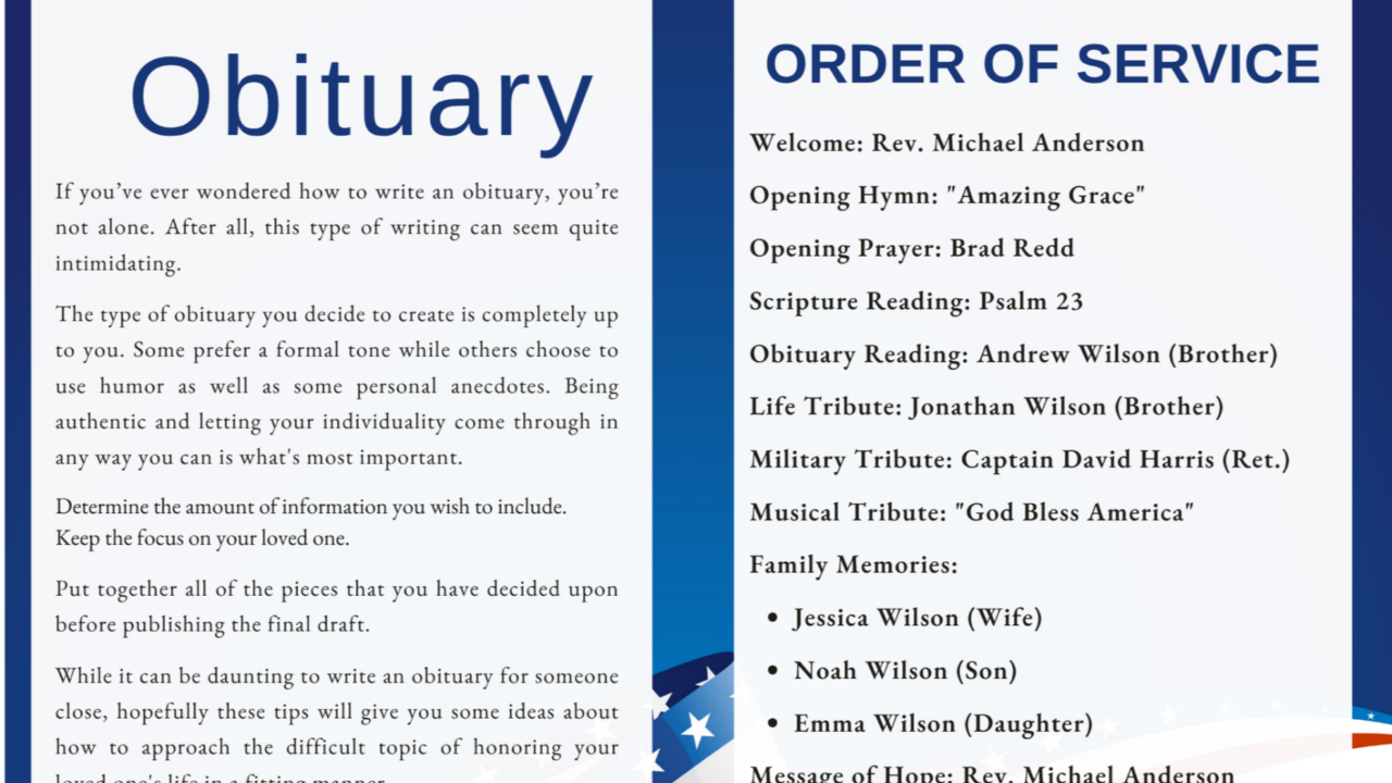 Free Military Funeral Order of Service worksheet template featuring an editable Canva obituary page and military funeral service program layout designed to help families plan a respectful memorial or veteran funeral ceremony.