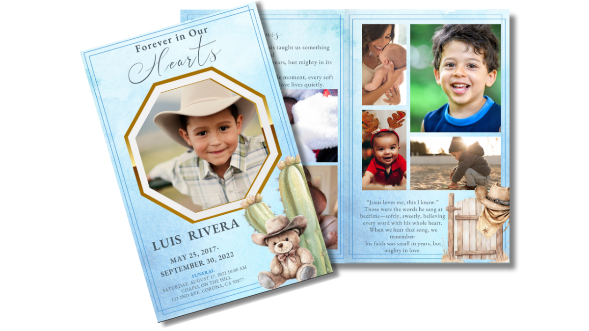 Front cover displayed beside open interior pages, showing the blue Western cowboy theme coordinated across collage, obituary, poem, and tribute layouts.