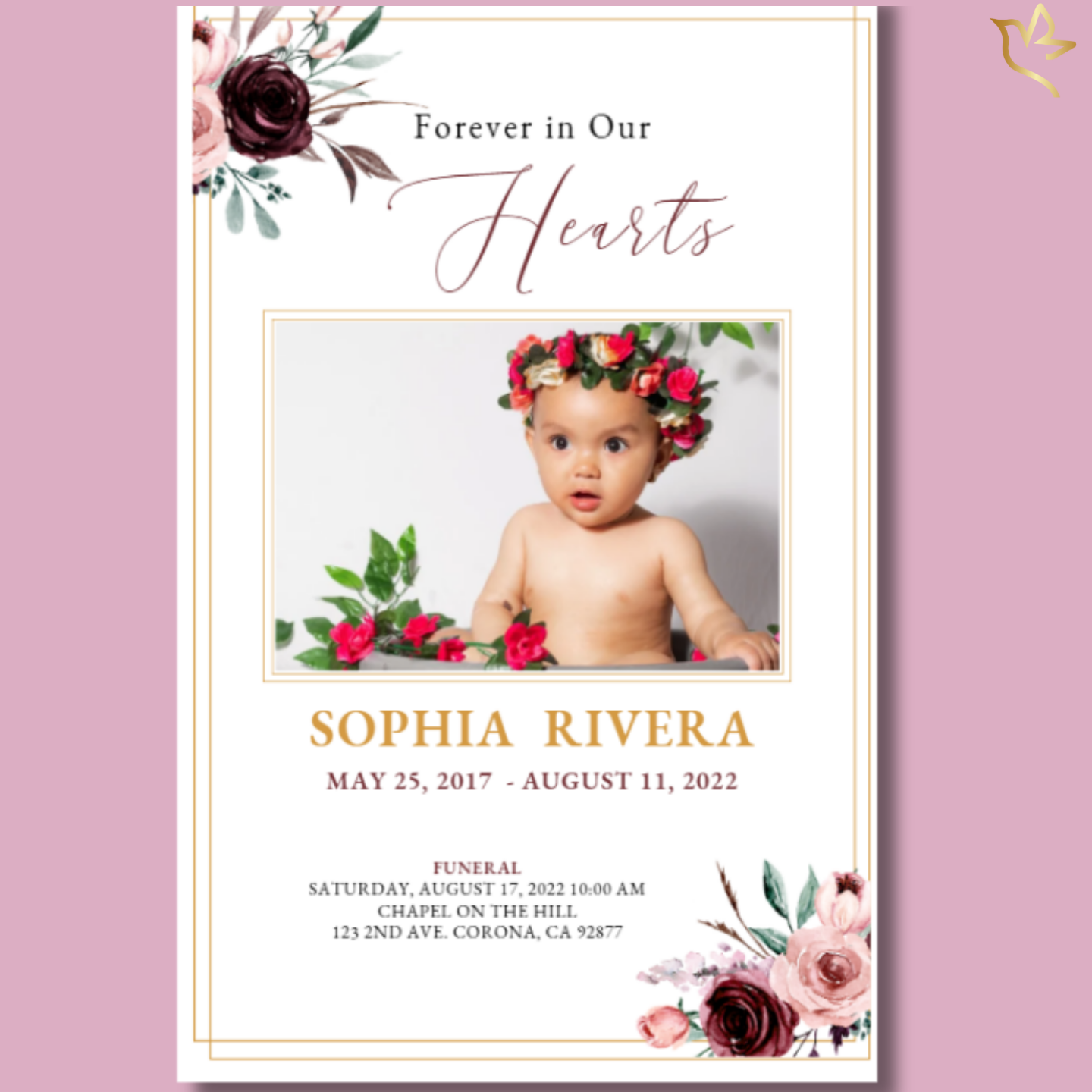 Soft Roses Funeral Program Canva Template – front and inside view of celebration of life design with red and blush roses, printable memorial