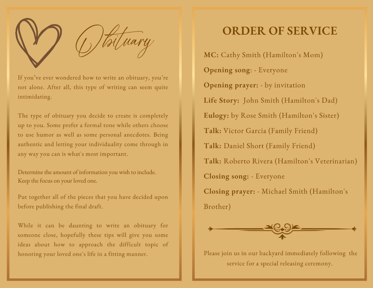 Gentle Legacy obituary and order of service pages featuring a warm golden memorial design for sharing life stories, remembrance ceremonies, readings, family tributes, and special farewell gatherings for a cherished small companion.