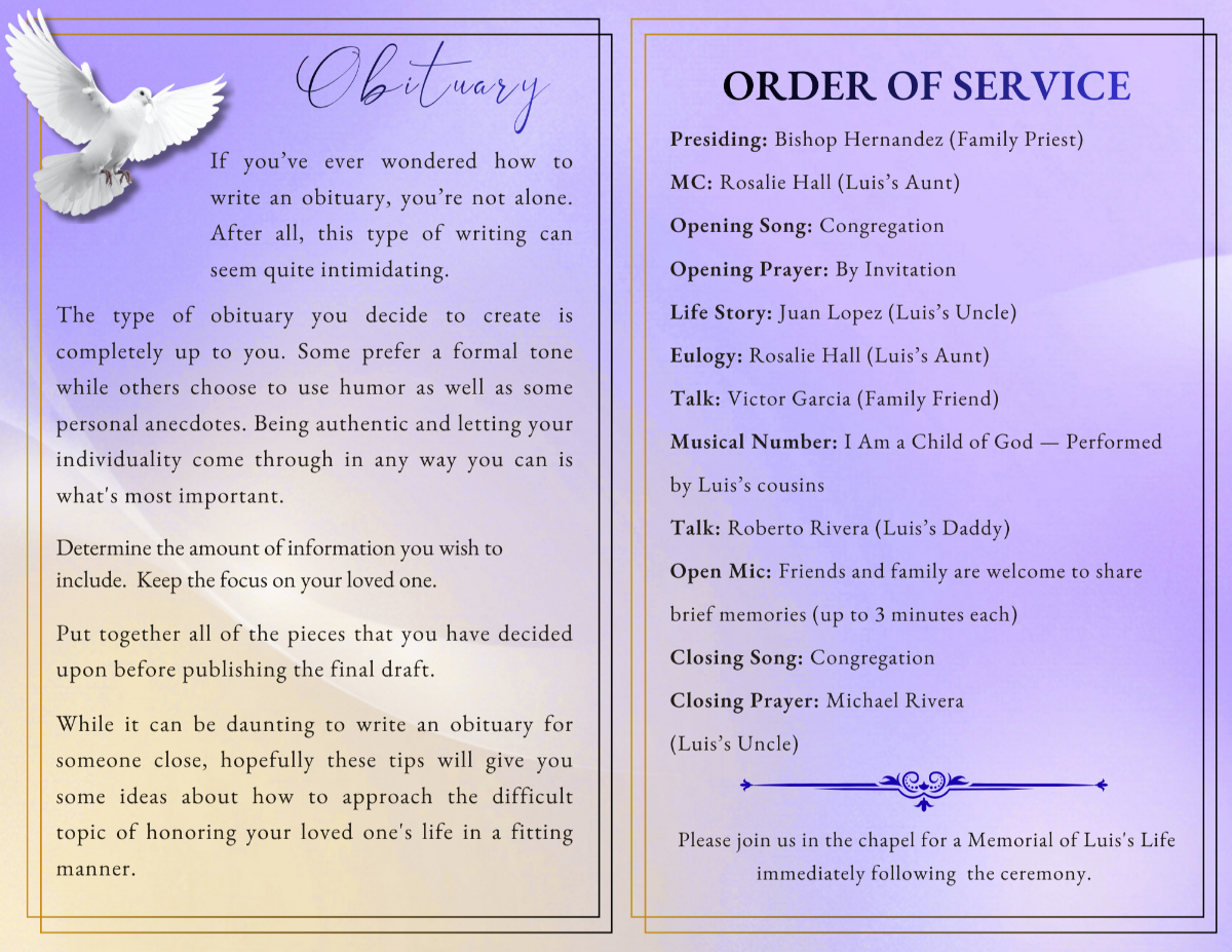 Interior obituary and order of service pages featuring soft pastel backgrounds, gentle rainbow accents, faith-centered memorial details, and organized layouts honoring a beloved child.