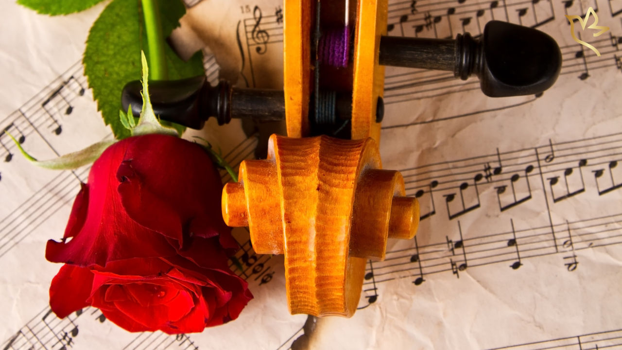 Red rose beside a violin on sheet music representing meaningful funeral songs and music to honor a father