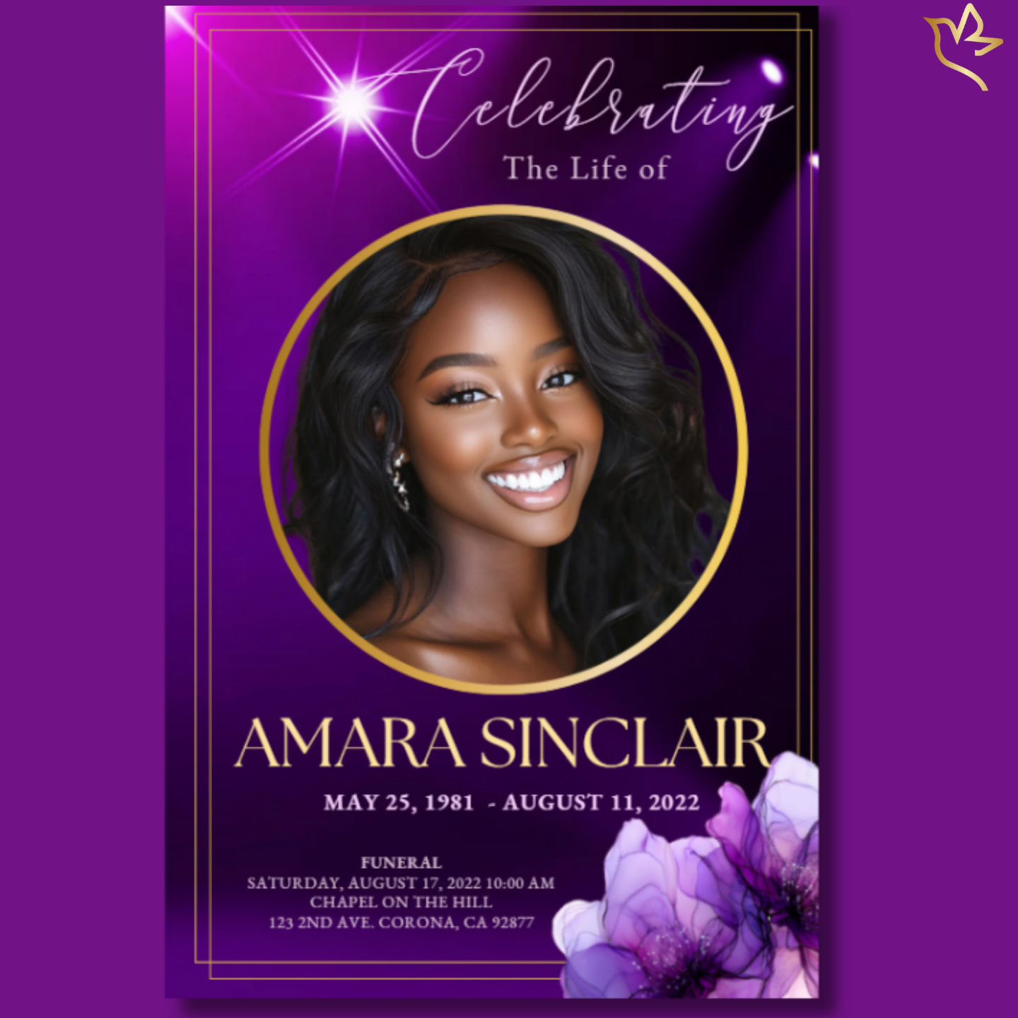Thumbnail preview of the Royal Amethyst funeral program with deep purple background, gold frame accents, and a radiant portrait centerpiece.