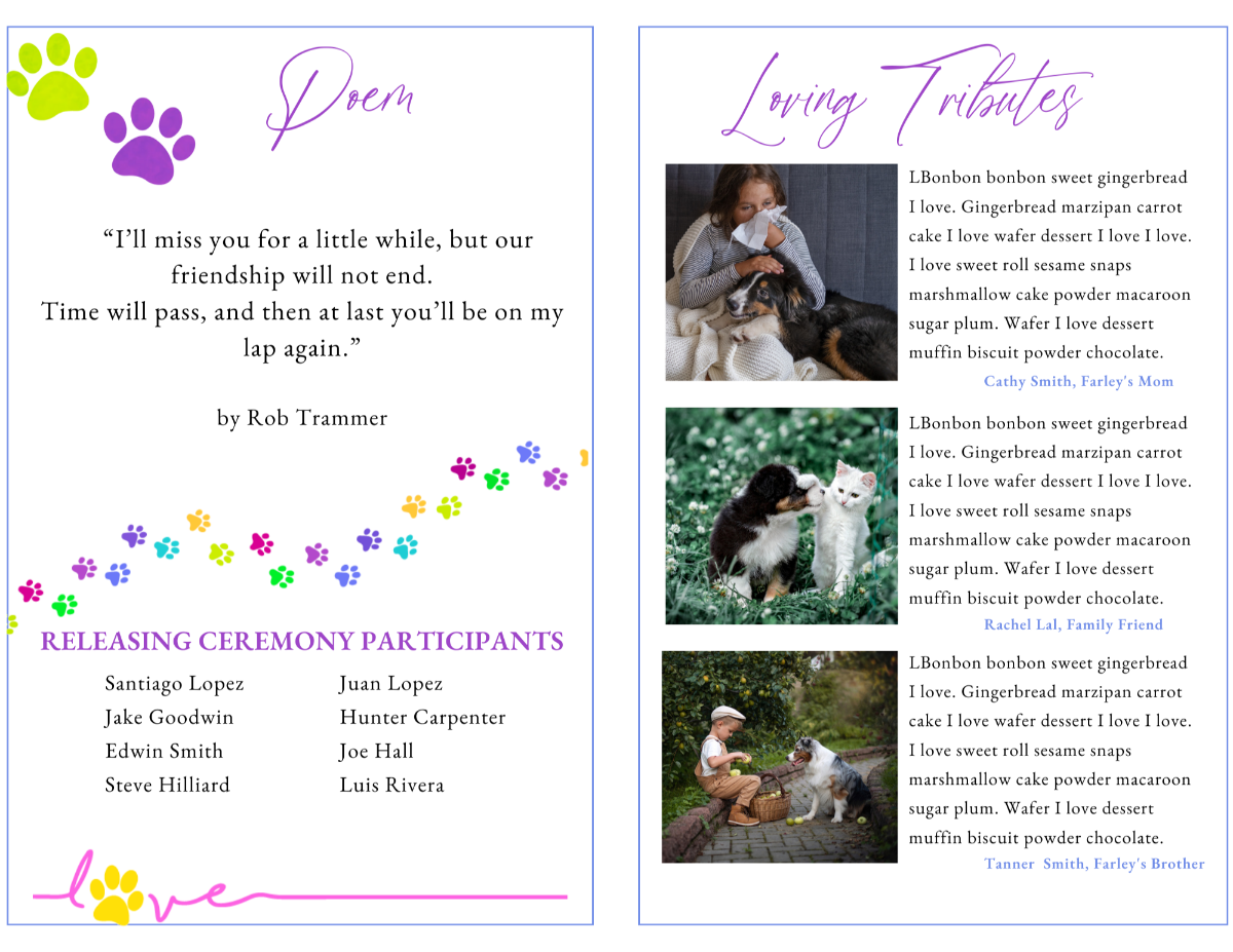 Poem and tribute pages with heartfelt pet memorial messages and rainbow paw-print accents.