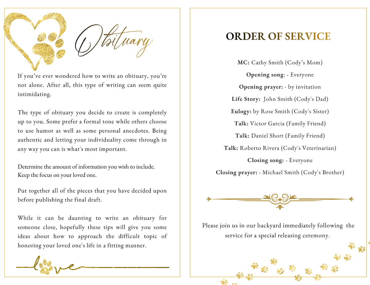 Two-page spread with obituary text and order of service, styled with elegant gold details and clean, easy-to-read formatting.