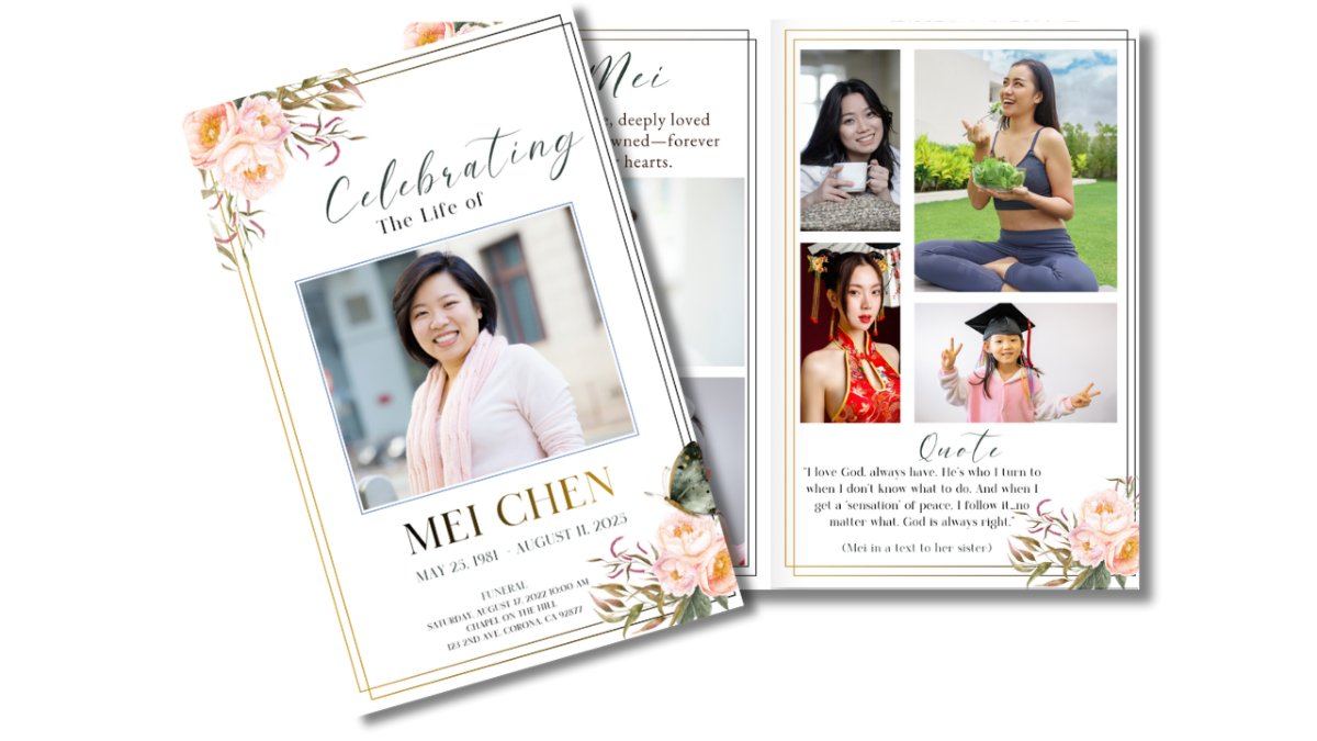 Front cover displayed beside open interior pages showing the blush peony floral theme coordinated across obituary, collage, poem, and tribute layouts.