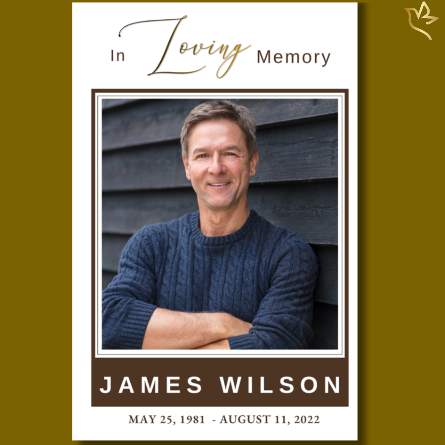 A dignified men’s memorial program cover featuring a warm portrait of a gentleman framed with elegant brown and gold accents, creating a timeless and comforting tribute design.