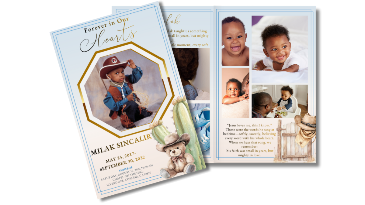 Front cover displayed beside open interior pages, showing the blue Western cowboy theme coordinated across collage, obituary, poem, and tribute layouts.