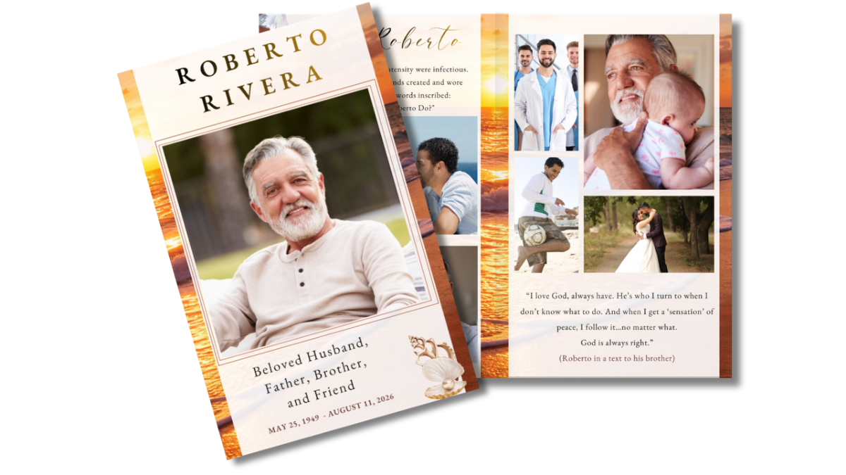 Front cover featuring a glowing ocean sunset with a portrait frame, alongside an open interior layout showing coordinated pages for service details and memories.