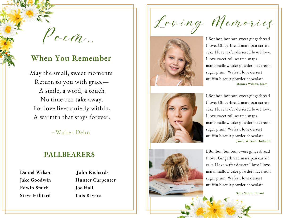 Poem and loving tributes pages with delicate daisy artwork and elegant green typography.