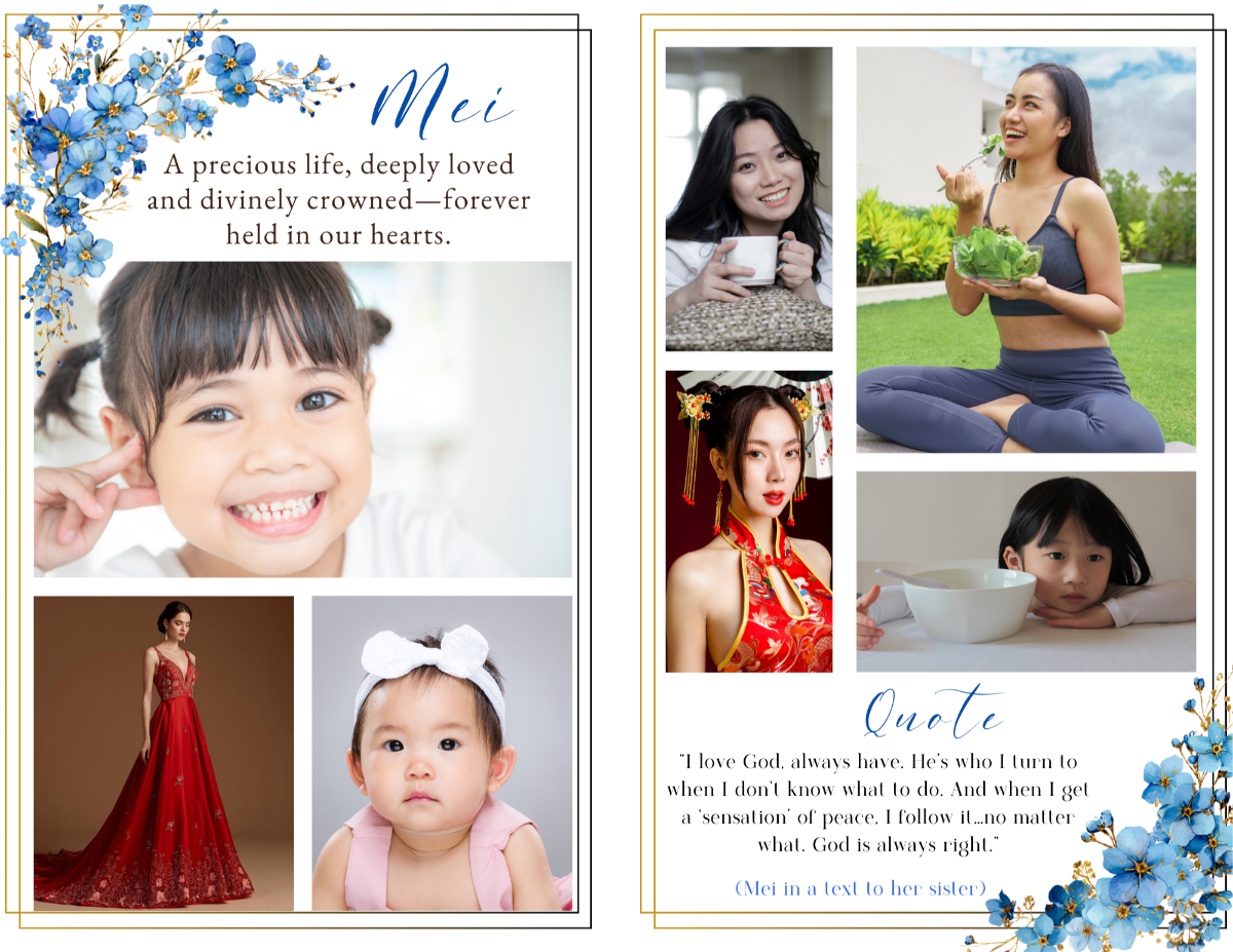 Interior spread featuring a balanced photo collage layout with soft blue floral accents.