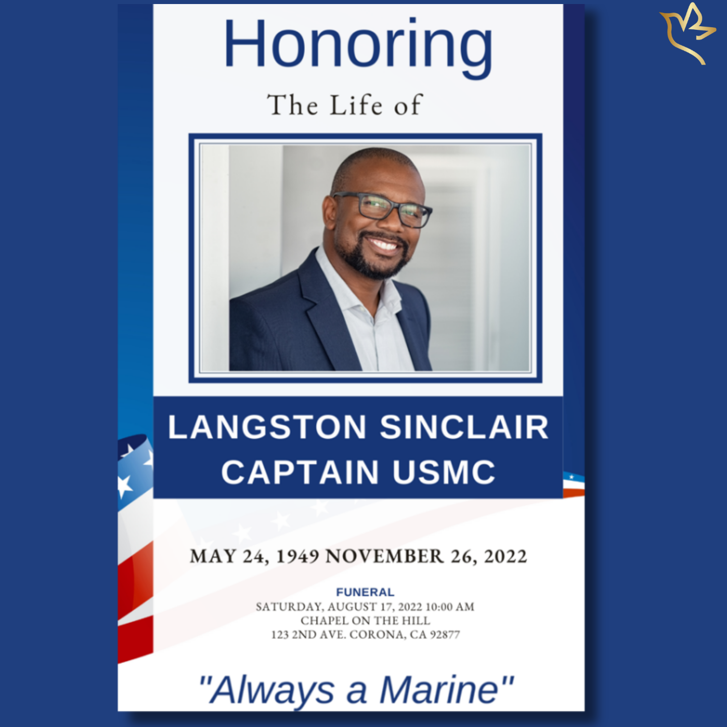 Front cover featuring Stars and Stripes – USMC Funeral Program Template with American flag accents, navy borders, and photo of the honored Marine.