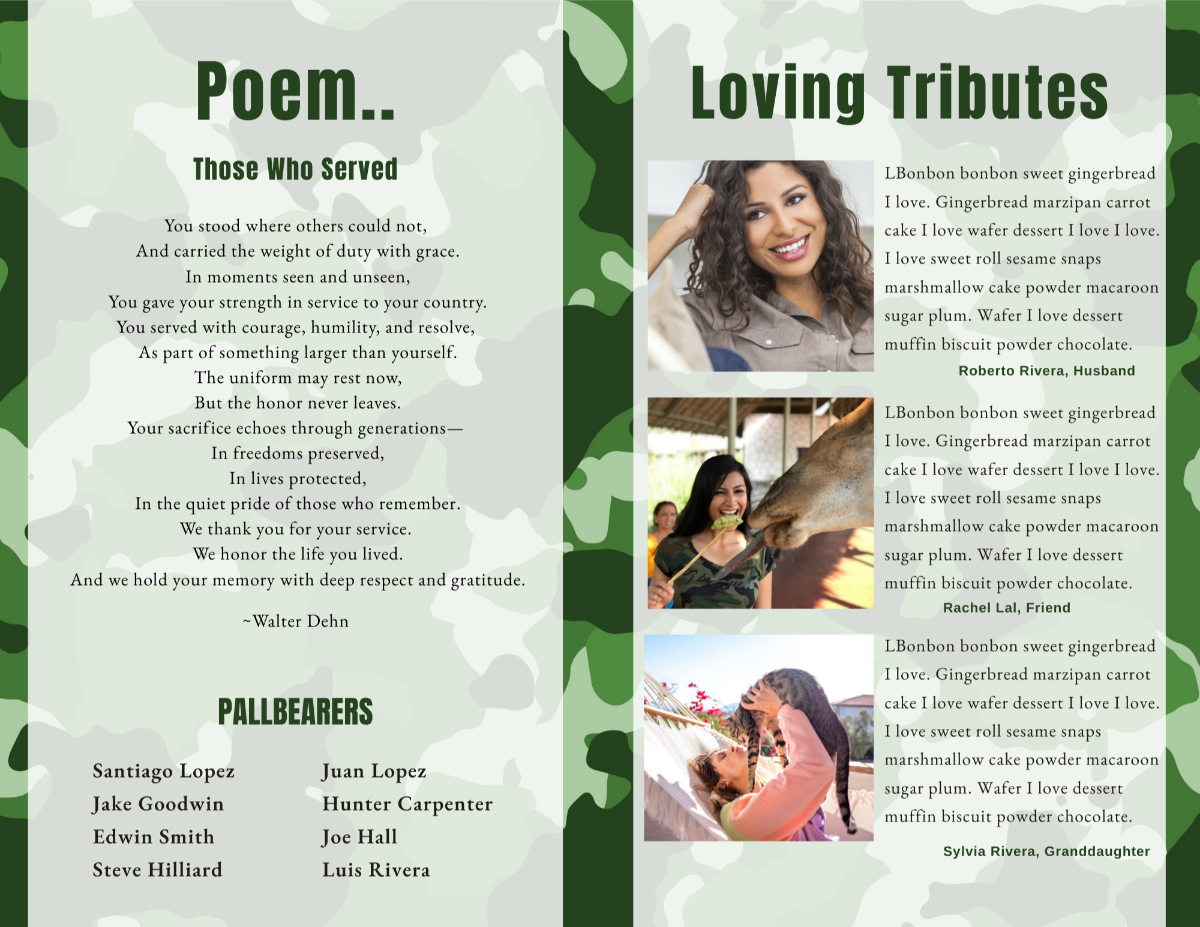 Poem and Loving Memories pages featuring tribute messages, remembrance photos, and a respectful military-themed layout with green accents.