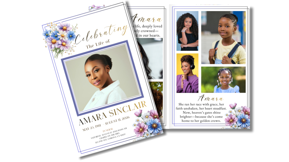 Front cover displayed beside open interior pages showing the daisy floral theme coordinated across obituary, collage, poem, and tribute layouts.