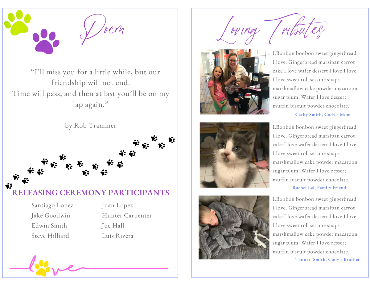 Memorial poem and tributes pages with colorful paw print accents and family photos celebrating a beloved cat.
