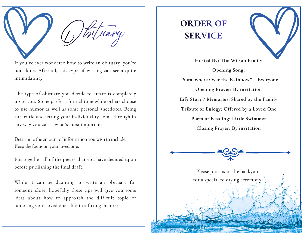 Obituary and order of service pages with clean typography, structured layout, and soft blue accents.