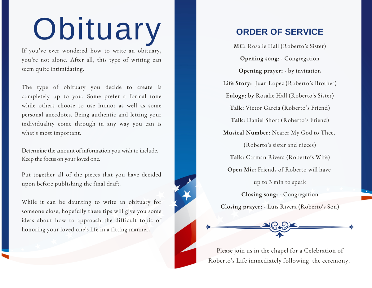 Interior pages displaying obituary text and order of service layout surrounded by star-patterned edges and bold Marine colors.