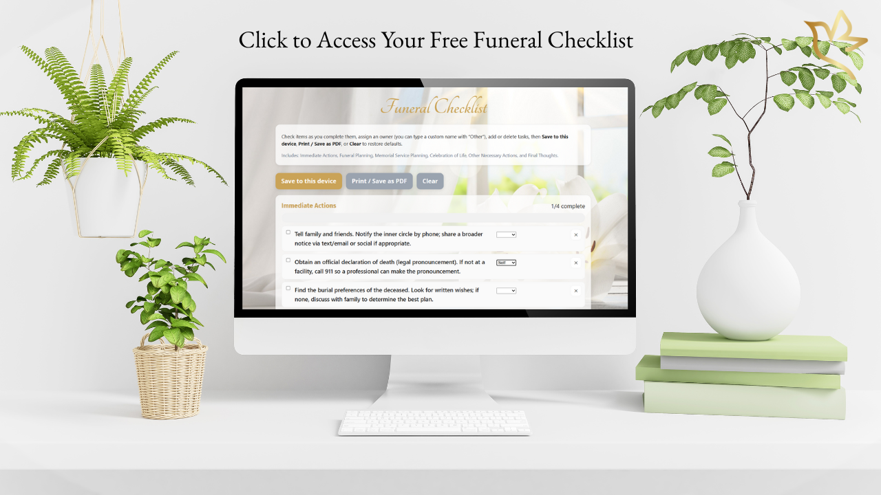 Computer displaying the gold and gray Funeral Checklist page with translucent panels and a Tangerine header, showing a list of immediate and planning tasks.