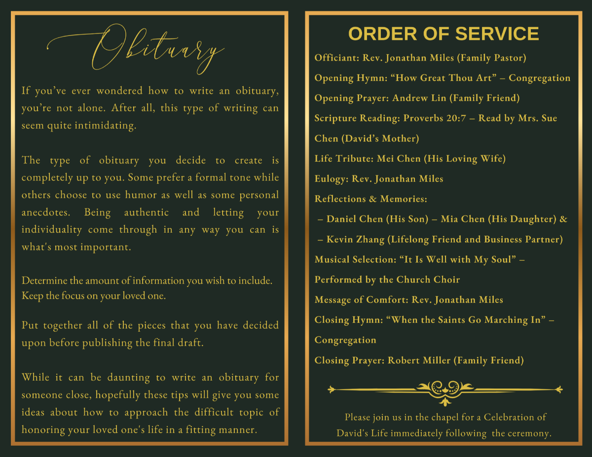 Steadfast Legacy obituary and order of service pages featuring a sophisticated dark green and gold design for sharing life stories, funeral service details, readings, hymns, and remembrance ceremonies.