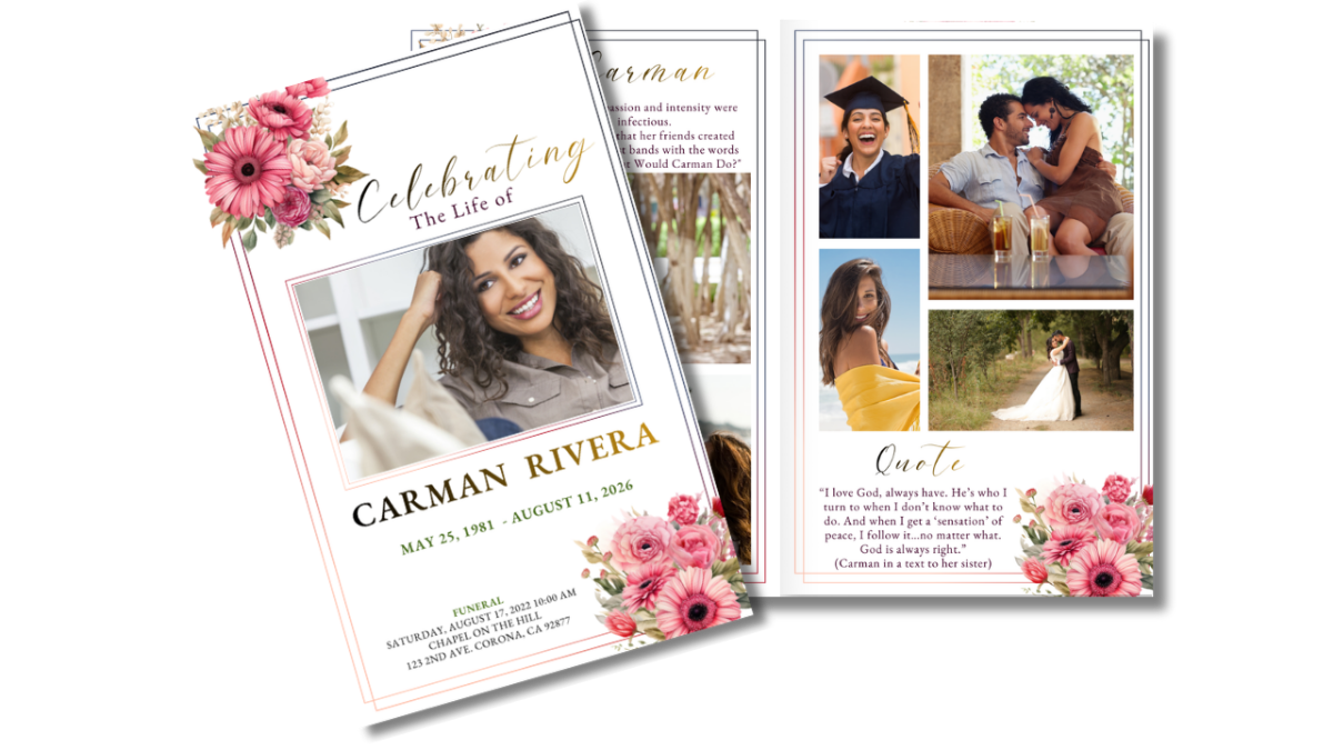 Back cover and front cover shown side-by-side. Back cover includes a Thank You message and memorial poem, with soft florals framing each section. Front cover displays the photo, name, dates, and floral borders.