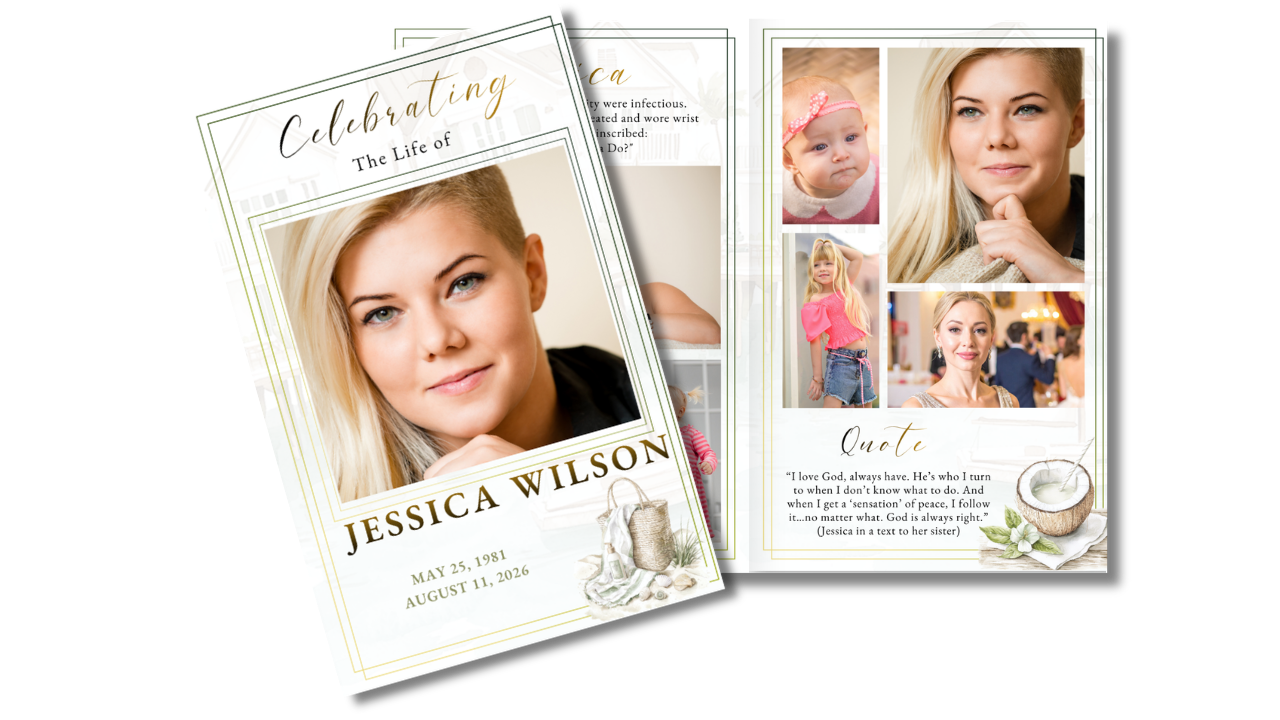 Coastal Serenity funeral program template preview featuring the memorial cover displayed alongside coordinated interior pages for photographs, family memories, personal tributes, life stories, and celebration of life services honoring a beloved woman.