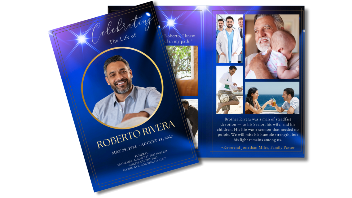 Thank-you and tribute page featuring a white dove, heartfelt appreciation message, memorial poem, and refined sapphire-blue background with gold decorative details.