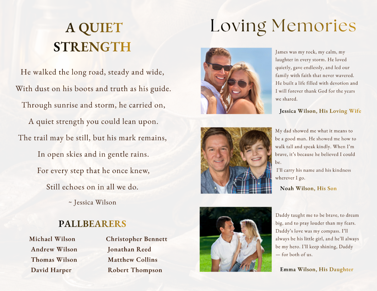 Pages featuring a heartfelt poem alongside loving memories and family tributes, reflecting strength, character, and the steady presence he brought to others.