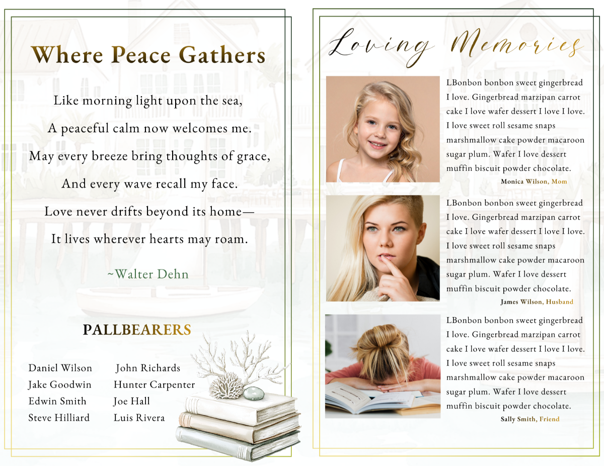 Coastal Serenity memorial poem and loving memories pages featuring heartfelt family messages, treasured photographs, personal reflections, meaningful tributes, and cherished memories celebrating the life of a beloved mother, wife, grandmother, sister, or friend.