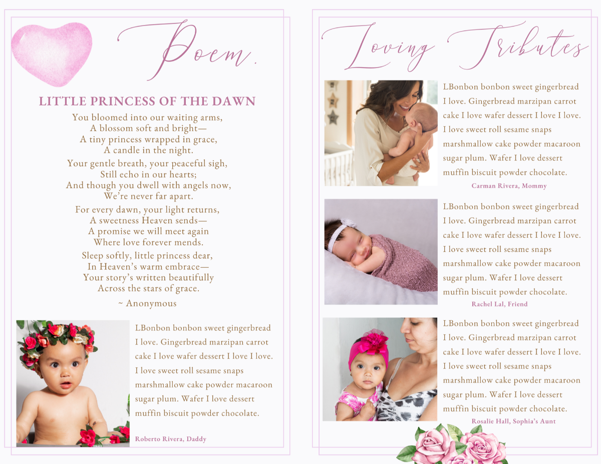 Poem and Loving Tributes pages with baby photos and soft pink heart accents