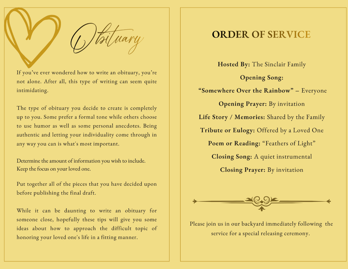 Obituary and order of service pages with warm golden tones, elegant typography, and a soft, comforting layout.