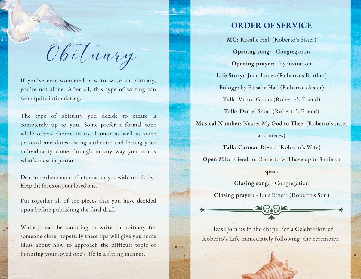 Obituary and order of service pages featuring soft watercolor ocean textures, seagull illustration accents, and structured sections for honoring a life with dignity.