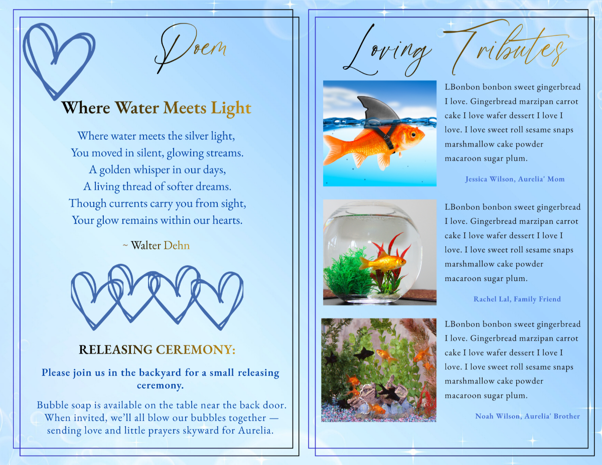 Poem and loving tributes pages featuring aquatic imagery, memorial poem text, and family tribute sections paired with goldfish photographs in calm, balanced layouts.