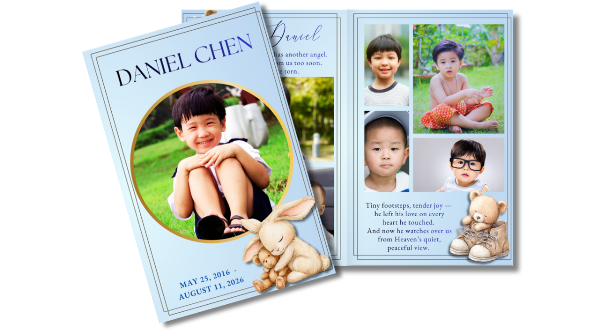 Front cover featuring a young boy in a soft circular frame alongside an open layout displaying childhood photos and memories in a gentle, comforting design.
