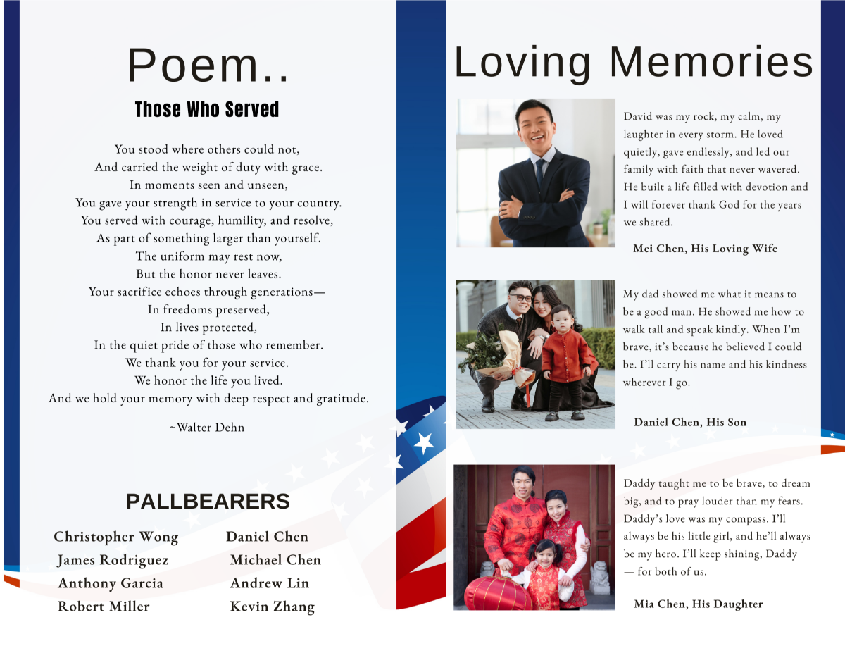 Poem and tribute pages honoring U.S. military veteran with heartfelt text and family photos.