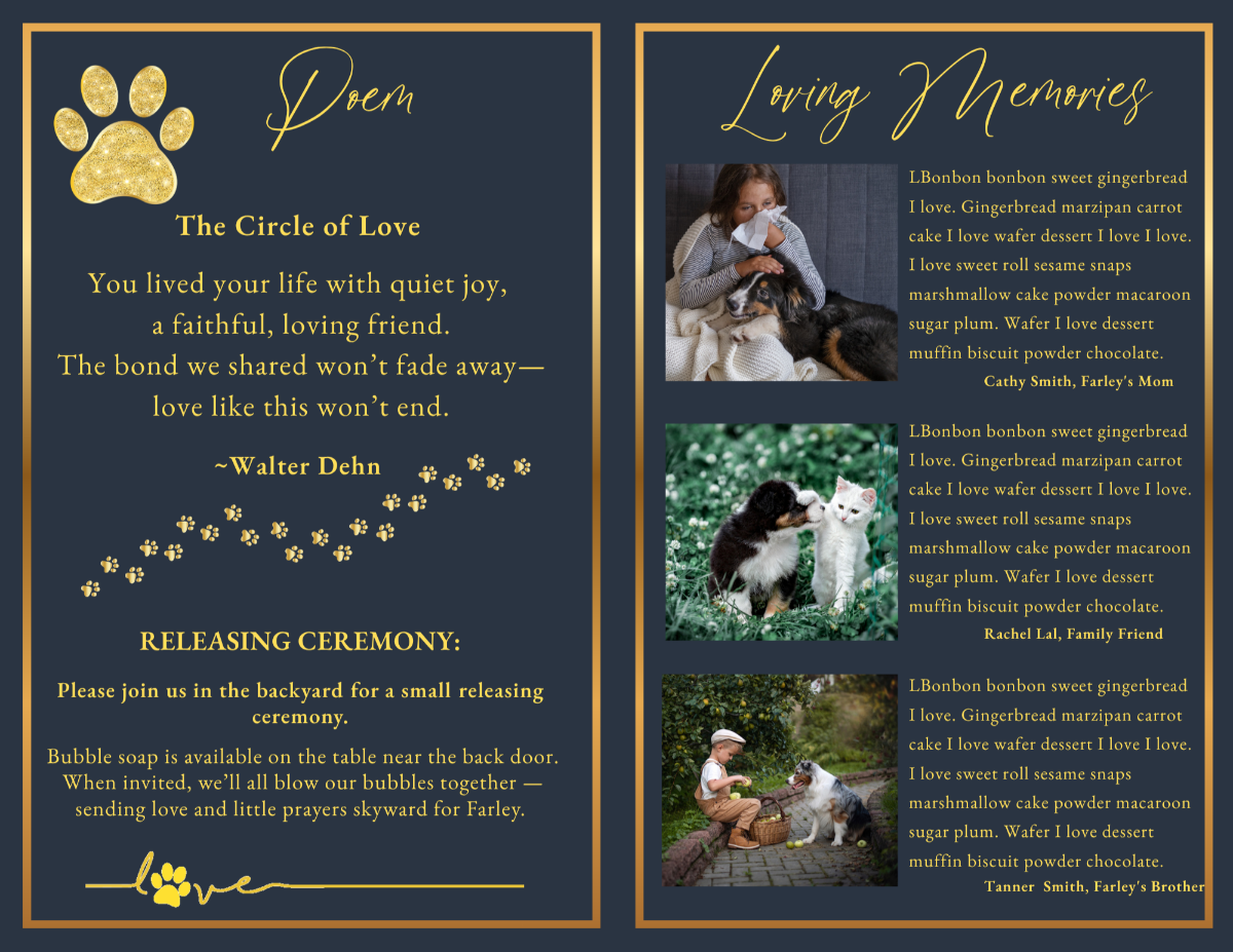 Memorial pages featuring the original poem The Circle of Love, a special releasing ceremony, paw print details, and meaningful pet remembrance traditions.