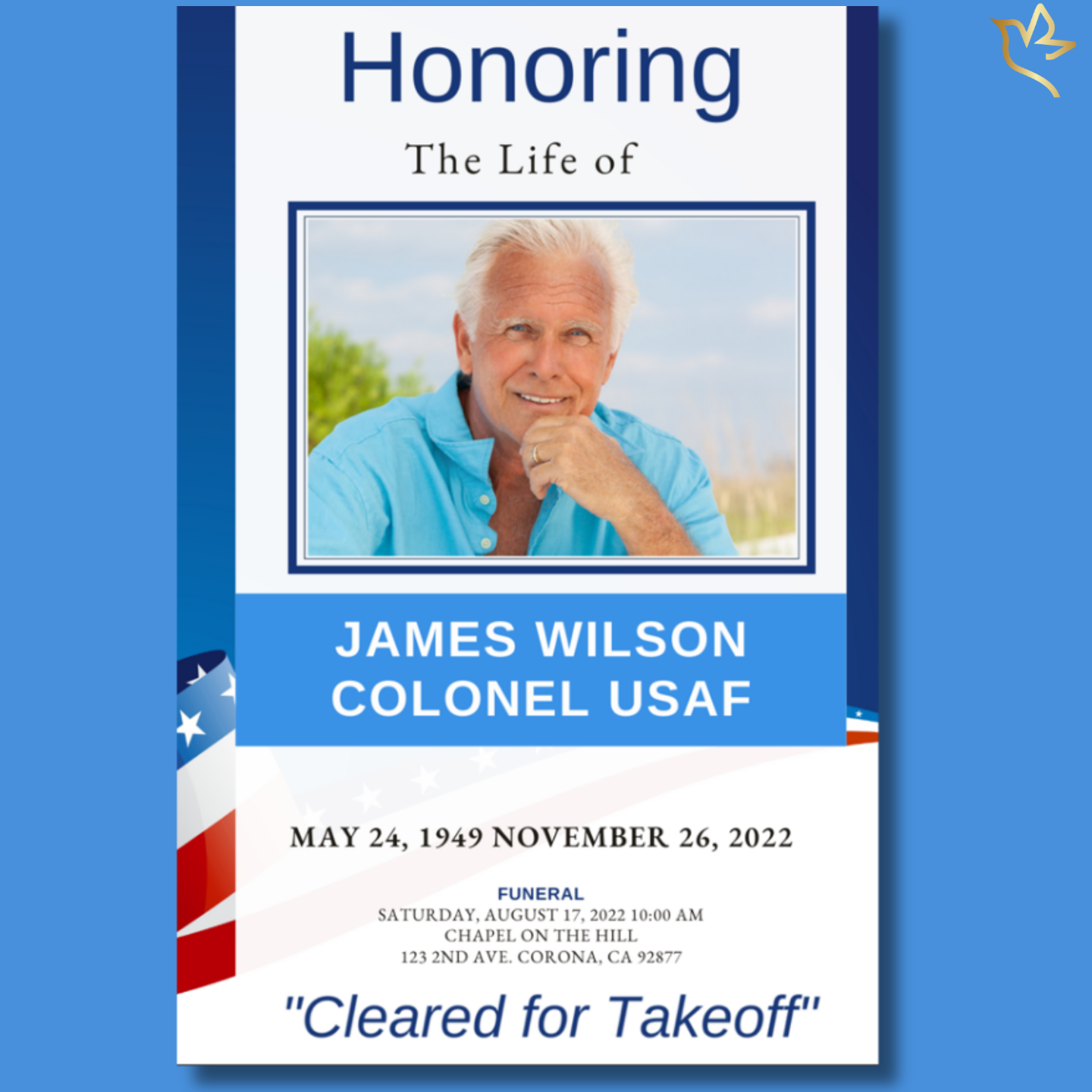 Thumbnail preview of Stars and Stripes Air Force funeral program with framed portrait and USAF red, white, and blue banner.