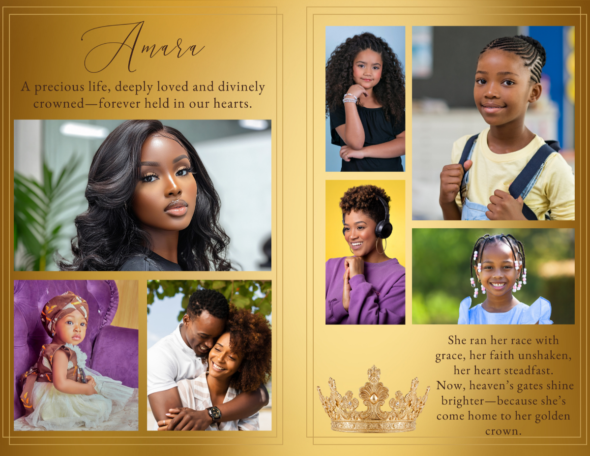 Photo collage spread with large portrait and smaller family images arranged across a gold palace-themed background, accompanied by a heartfelt memorial message about Amara’s faith, grace, and golden legacy.