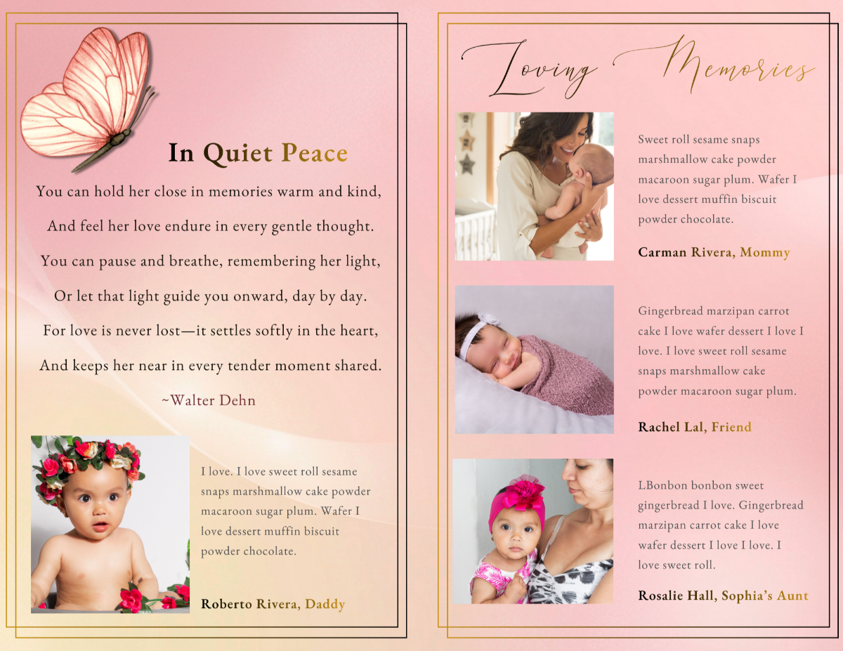 Memorial pages featuring comforting poetry, treasured childhood photographs, loving family memories, and heartfelt tributes shared in remembrance of a precious little angel.