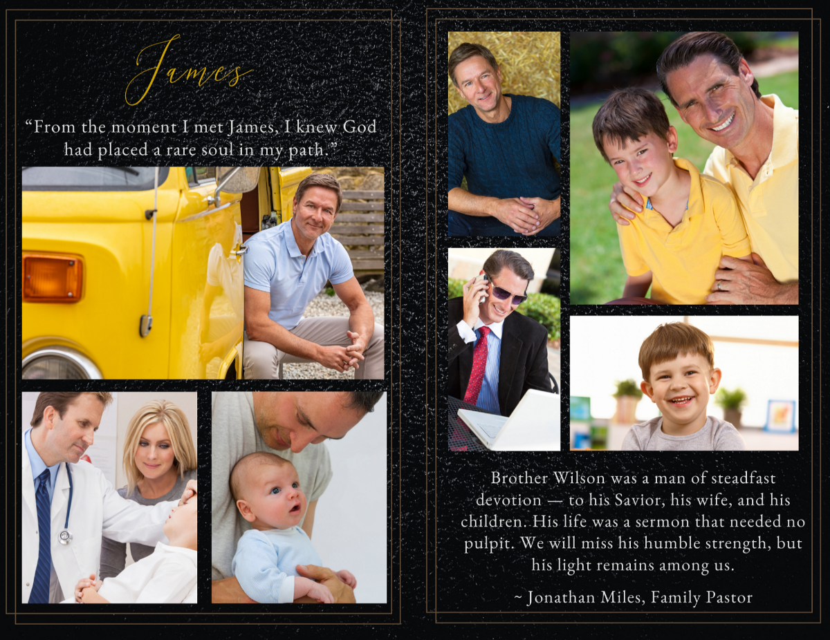 Two-page photo layout showcasing family portraits, joyful moments, and heartfelt caption about devotion and legacy on black and gold backgrounds.